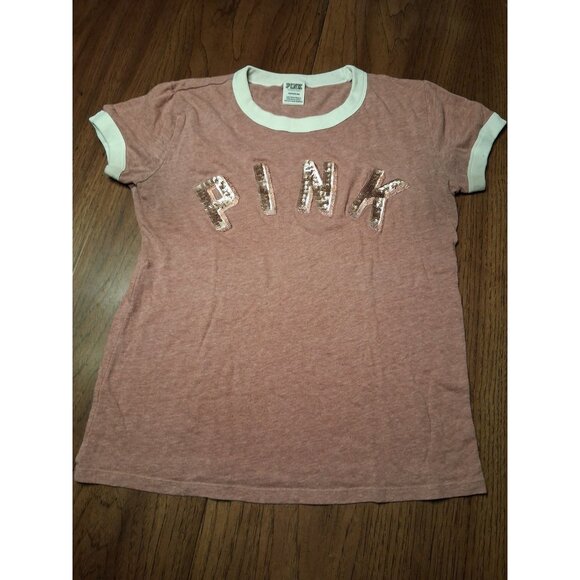 Victoria’s Secret Pink Sequin Logo T Shirt Small Mauve - Picture 1 of 8
